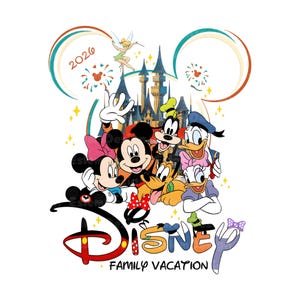 Op de afbeelding: Een kleurrijke afbeelding met Disney-personages, waaronder Mickey en Minnie Mouse, Donald en Daisy Duck, Goofy en Pluto. Het woord "Disney" staat in een speels lettertype, met "Family Vacation" eronder. Het jaar "2026" is ook opgenomen.