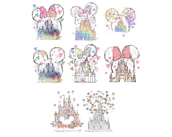 Castillo de acuarela (Png), Castillo de orejas de ratón (Png), Castillo retro colorido (Png), Diseño de sublimación (Png), Reino mágico (Png), Descarga instantánea