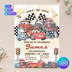 May include: A colorful birthday invitation featuring cartoon cars, checkered flags, and a golden trophy. The text reads "Race on Over" and "Join us to celebrate James 3th Birthday". Includes editable Canva template information.