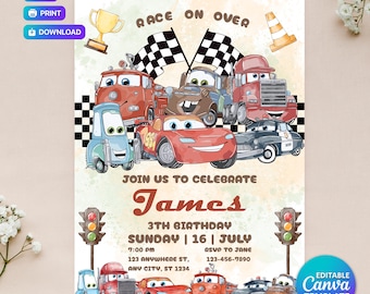 Invitación de cumpleaños de Cars, invitación de Rayo McQueen, invitación de cumpleaños infantil, plantilla editable de Canva (descarga digital, PDF/JPEG, 5x7")