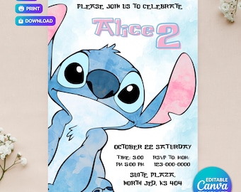 Plantilla editable de invitación para fiesta de cumpleaños de Stitch, invitación para fiesta en la piscina de cumpleaños de Stitch, invitación editable para fiesta de Canva (5 x 7 pulgadas)