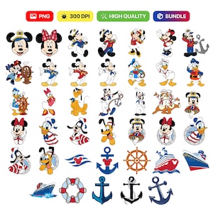 May include: A collection of colorful cartoon character graphics, including Mickey Mouse, Minnie Mouse, Donald Duck, and Pluto, in various poses. The image also features anchors, ship wheels, and cruise ships. Text includes "PNG", "300 DPI", "HIGH QUALITY", and "BUNDLE".