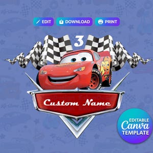 May include: A red race car with the number 95 and the words "Custom Name" on a shield-shaped emblem. The image includes checkered flags and the number 3. The background is blue with car illustrations.