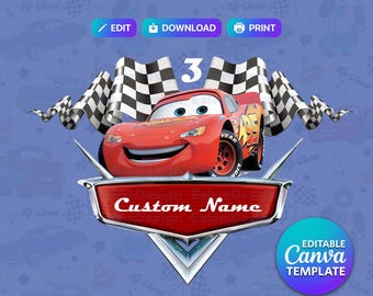 Logotipo PNG-SVG personalizado de Cars, sublimación de cumpleaños original de Cars, logotipo personalizado de Cars con nombre y edad, plantilla editable de Canva