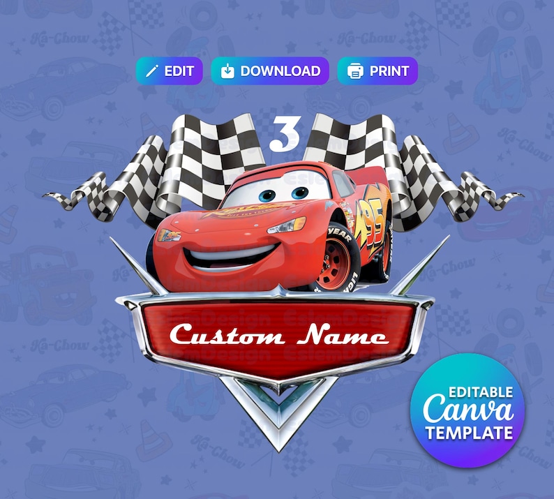 May include: A red race car with the number 95 and the words "Custom Name" on a shield-shaped emblem. The image includes checkered flags and the number 3. The background is blue with car illustrations.