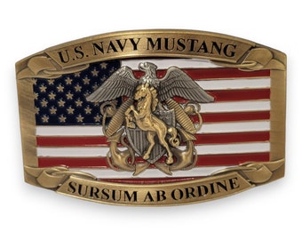 U.S. Navy Mustang Officer Custom Belt Buckle 3D Horse Crest (Antique Brass Color)