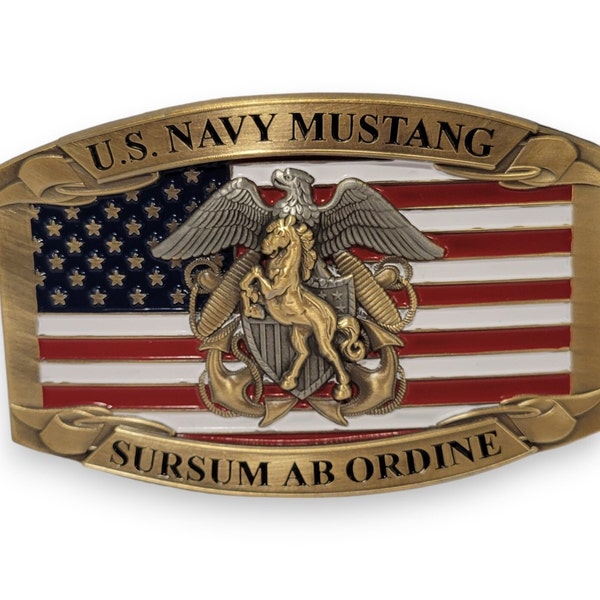 U.S. Navy Mustang Officer Custom Belt Buckle 3D Horse Crest (Antique Brass Color)