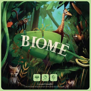 Puede incluir: Una caja de juego de mesa titulada "BIOME" con temática de jungla. La obra de arte presenta una jirafa, un mono, un zorro y otros animales. El juego es para 1-4 jugadores, con un tiempo de juego de 60-90 minutos, y es para mayores de 10 años. También se muestra el año 2024.