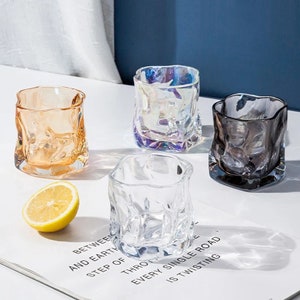 Irregular Twisted Asymmetrical Glass - for Whiskey / Cocktail Glass - Rainbow Iridescent Color- Hand-kneaded glass shapes/ barware