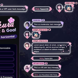 Könnte beinhalten: Ein digitales Oberflächendesign mit dunklem Hintergrund und rosa floralen Akzenten. Das Design zeigt Chat-Blasen, Benutzerprofile und anpassbare Optionen für Farben, Schriftarten, Ereignisse, Avatare und Abzeichen. Text enthält "Sakura Chat & Goal".