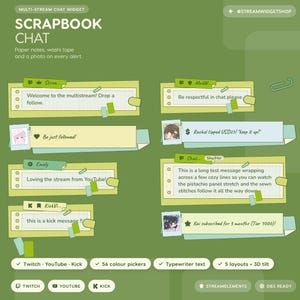 May include: A digital multi-stream chat widget overlay titled Scrapbook Chat, featuring green paper notes, washi tape, and photo frames. The design includes grid-lined panels, paperclip icons, and text elements for Twitch, YouTube, and Kick platforms.