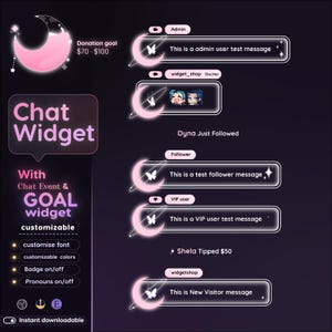 May include: A digital chat widget design on a dark purple background. Features a pink crescent moon, butterflies, and message boxes. Text includes "Chat Widget," "customisable," and example messages.