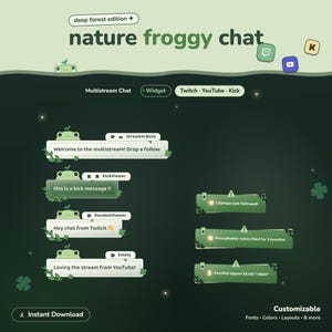 Può includere: Un set di overlay digitali intitolato deep forest edition nature froggy chat con riquadri di chat e avvisi di notifica a tema rana verde per Twitch, YouTube e Kick, completi di icone a forma di germoglio e dettagli a forma di trifoglio.