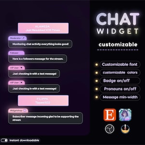 Puede incluir: Gráfico digital que muestra un widget de chat personalizable. Ofrece opciones para personalizar la fuente, los colores y los pronombres. El diseño incluye ejemplos de mensajes de chat e iconos de redes sociales.