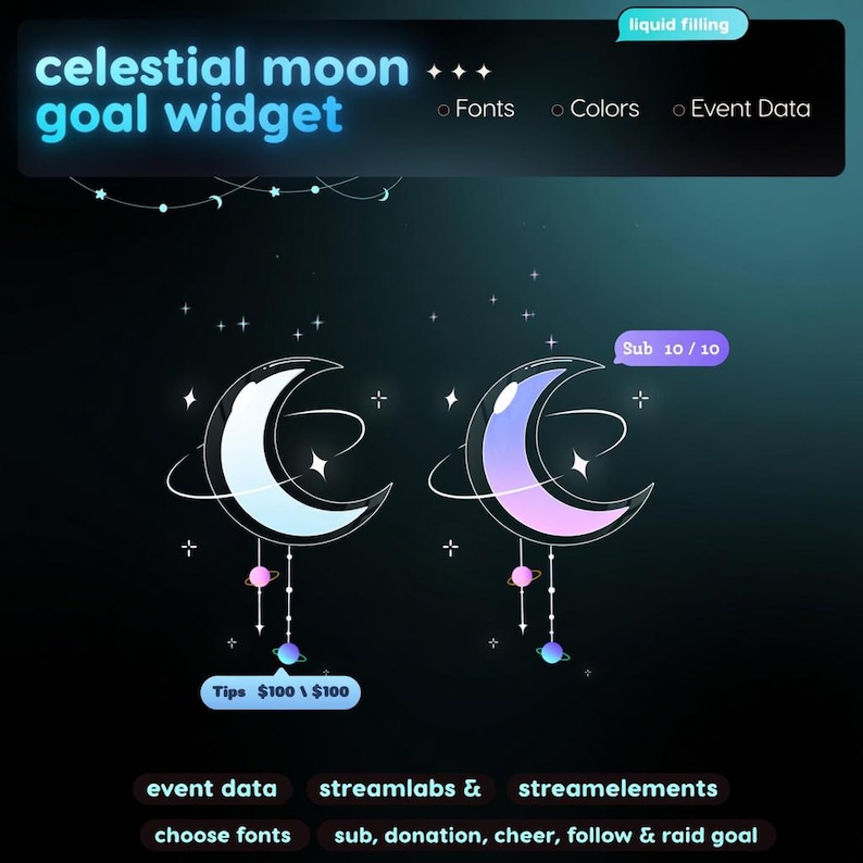 Celestial Moon goal widget with liquid filling animation for Twitch, Streamlabs and StreamElements