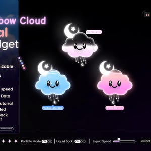 Puede incluir: Gráfico digital con tres widgets de nubes de dibujos animados en rosa, azul y gris, cada uno con una cara sonriente, una luna creciente y una estrella. Se muestra el texto "Rainbow Cloud Goal Widget", junto con opciones de personalización.