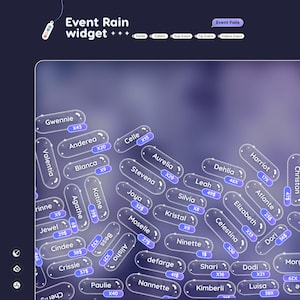 Puede incluir: Un gráfico digital con el texto "Event Rain widget" y una lista de nombres en formas ovaladas. Cada óvalo tiene un nombre y un número. El fondo es un degradado de morado y azul.