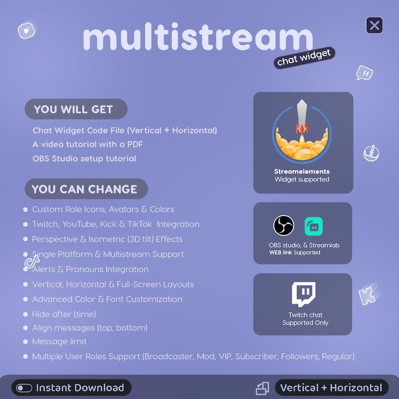 May include: A digital multistream chat widget product display on a light purple background. It lists features including custom role icons, platform integration for Twitch, YouTube, Kick, and TikTok, 3D tilt effects, and layout options for vertical or horizontal use.