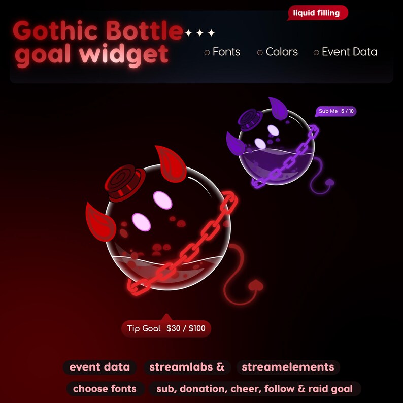 Widget de Metas com Garrafa Gótica | Rastreador de Bits de Doação de Inscritos do StreamElements para Twitch Streamlabs | Streamer VTuber Sombrio imagem 6