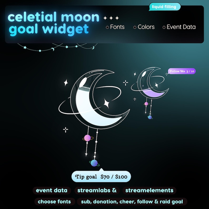 Widget per il raggiungimento degli obiettivi a tema lunare celeste / Tracker animato per lo streaming (Download digitale) immagine 10