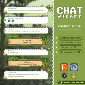 May include: A green digital chat widget design with the text "CHAT WIDGET" and "customizable." Features include customizable font and colors, badge and pronouns on/off options. Includes a profile icon and Etsy logo.