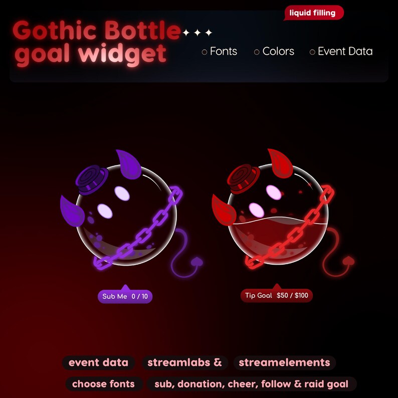 Widget de Metas com Garrafa Gótica | Rastreador de Bits de Doação de Inscritos do StreamElements para Twitch Streamlabs | Streamer VTuber Sombrio imagem 9