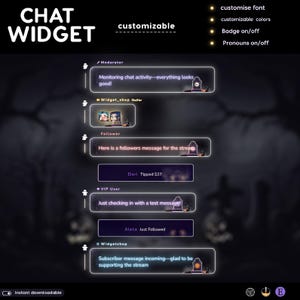 以下が含まれることがあります： 「CHAT WIDGET」と「customizable」のテキストが入った、ハロウィーンをテーマにしたデジタルチャットウィジェットのデザイン。メッセージ付きのチャットバブル、ゴーストアイコン、不気味な背景が含まれています。カスタマイズ可能なフォントと色などのオプションがあります。