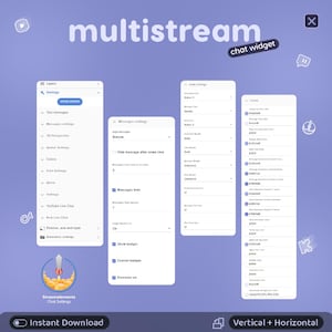 May include: A digital interface for a multistream chat widget featuring four white vertical panels on a light purple background. The panels display settings for layers, messages, fonts, and colors with text labels, checkboxes, and dropdown menus.