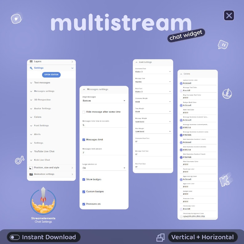 May include: A digital interface for a multistream chat widget featuring four white vertical panels on a light purple background. The panels display settings for layers, messages, fonts, and colors with text labels, checkboxes, and dropdown menus.