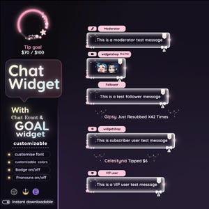 Puede incluir: Gráfico digital de un widget de chat personalizable con seguimiento de objetivos. El diseño presenta un círculo de neón rosa, burbujas de chat y el texto "Chat Widget" y "Descarga instantánea". El widget incluye opciones de fuente, colores y pronombres.