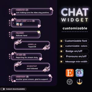 Może przedstawiać: Grafika cyfrowa promująca "Chat Widget" z konfigurowalnymi funkcjami. Projekt zawiera dymki czatu z nazwami użytkowników i wiadomościami, a także opcje czcionki, kolorów, odznak, zaimków i szerokości wiadomości. Tło jest ciemnofioletowe.