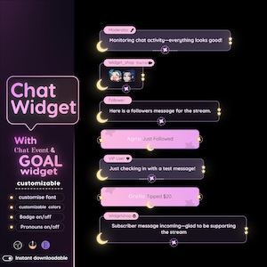 Puede incluir: Maqueta digital de un widget de chat, con un diseño rosa y morado y opciones personalizables. El texto incluye "Chat Widget", "Chat Event & GOAL widget" y varias funciones de personalización.