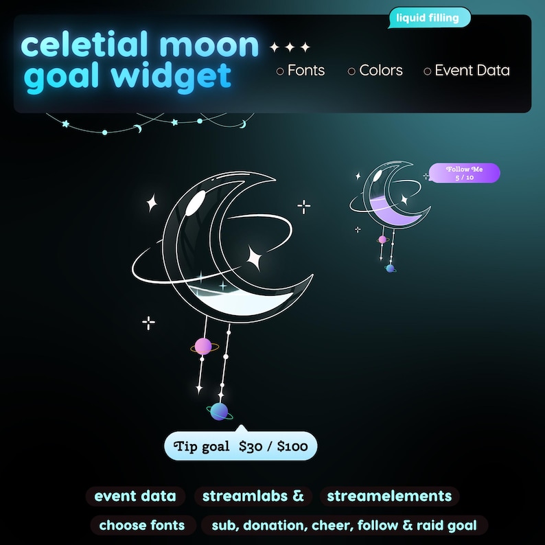 Widget per il raggiungimento degli obiettivi a tema lunare celeste / Tracker animato per lo streaming (Download digitale) immagine 8