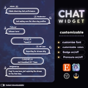Könnte beinhalten: Digitales Chat-Widget-Interface mit dunkelblauem Hintergrund. Der Text "CHAT WIDGET" wird in einer leuchtenden Schriftart angezeigt. Funktionen umfassen anpassbare Schriftarten, Farben, Badge-Optionen und Pronomen-Einstellungen. Beispiel-Chat-Blasen werden gezeigt.