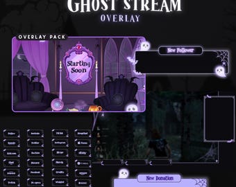 Halloween Ghost Twitch Overlay Package: Animated Purple Gothic Screens, Alerts, Panels and Decorations