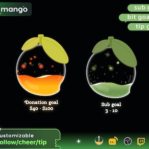 Cute Mango Liquid Filling Goal Widget is fully customisable for Twitch Streamlabs, TikTok Studio, and Streamelements.