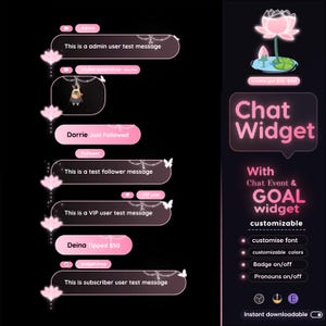Può includere: Design di widget di chat digitale con un tema rosa e nero. Il design include fumetti di chat con messaggi utente, una grafica di fiori di loto e il testo "Chat Widget" e "GOAL widget". Caratteristiche: font e colori personalizzabili.