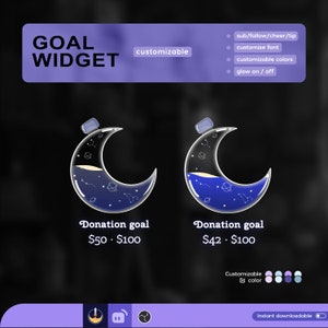 May include: Two blue crescent moon-shaped glass jars with stars and planets inside. The jars are filled with a blue liquid and have a white rim. The text "Donation goal" is below each jar, with a dollar amount and a total goal amount. The text "Customizable colour" is below the jars, with a row of coloured dots.