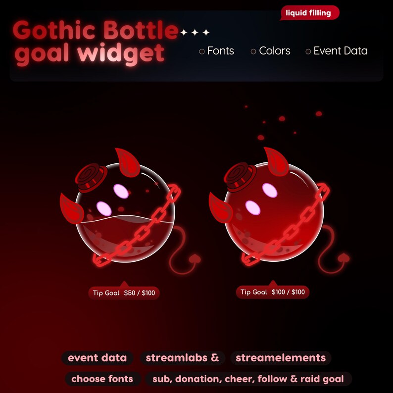 Widget de Metas com Garrafa Gótica | Rastreador de Bits de Doação de Inscritos do StreamElements para Twitch Streamlabs | Streamer VTuber Sombrio imagem 8