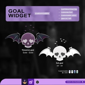 Op de afbeelding: Een aanpasbare doelwidget met een paarse schedel met vleugels en harten als ogen. De widget toont een donatie-doel van $ 100. Een tweede widget toont een witte schedel met vleugels en harten als ogen. De widget toont een subdoel van 10. De widgets zijn aanpasbaar met kleur opties.