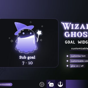 Pode incluir: Um fantasma de desenho animado roxo e branco usando um chapéu de bruxa e segurando uma varinha. O fantasma está etiquetado como "Sub goal 7.10". O texto "WIZARD GHOST GOAL WIDGET customizable" é exibido em branco. Abaixo do texto, há três marcadores: "customise font", "customizable colors" e "glow on / off".