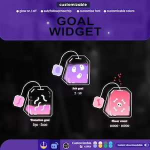 Può includere: Un widget di obiettivo personalizzabile con tre design di bustine di tè. Le bustine di tè sono riempite con colori diversi e hanno icone diverse. Il testo sulle bustine di tè recita "Obiettivo di donazione 30 € - 100 €", "Obiettivo intermedio 7 - 10", e "Evento di incoraggiamento 10 000 - 10 000".