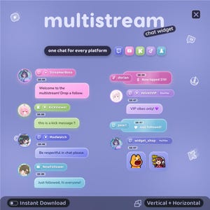 Puede incluir: Una interfaz de widget de chat multistream digital con burbujas de mensaje redondeadas en varios colores pastel. La pantalla incluye avatares de usuario, marcas de tiempo, iconos de plataforma y texto como "one chat for every platform" y "Welcome to the multistream!"