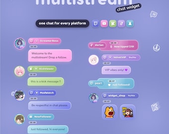 Widget de bate-papo multistream para Twitch, YouTube, Kick e TikTok ⟢ Sobreposição Periwinkle-Dream • StreamElements OBS • Alertas, Avatares e Bate-papo 3D