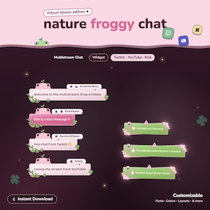 Può includere: Un widget overlay per chat multistream digitale intitolato nature froggy chat mitsuri bloom edition. Presenta riquadri di chat rosa a tema rana con dettagli vegetali e avvisi di notifica verdi per le piattaforme Twitch, YouTube e Kick.