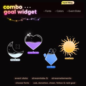 Combo Twitch Stream Goal Widget | Moon, Crystal, Sun, Love Customizable Streamlabs, Streamelements (Digital Download)
