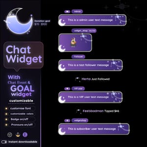 Peut inclure: Graphique numérique d'un widget de chat violet et noir. Comprend des options personnalisables pour la police, les couleurs et les pronoms. Le texte comprend "Chat Widget" et "GOAL widget".