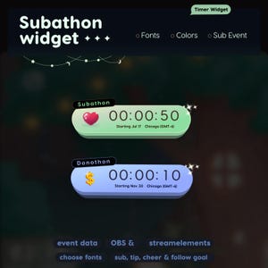 May include: A digital display for a Subathon widget, featuring a timer with a heart icon and the text "00:00:50". Below, a second timer displays "00:00:10" with a dollar sign icon. The widget includes options for fonts, colors, and sub events.