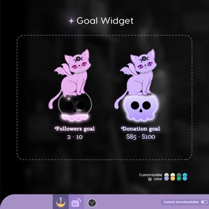 Op de afbeelding: Een digitale widget met twee paarse en roze kattenillustraties. De kat links zit op een schedel met een zwarte achtergrond. De kat rechts zit op een schedel met een paarse achtergrond. De tekst "Followers goal 2.10" staat onder de linker kat. De tekst "Donation goal $85. $100" staat onder de rechter kat. De tekst "Goal Widget" staat bovenaan de afbeelding. De tekst "Customizable color" staat onder de katten. De tekst "Instant downloadable" staat onderaan de afbeelding.