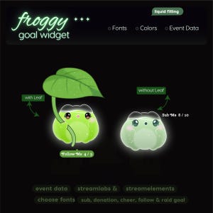 May include: A digital graphic featuring a "froggy goal widget" with two cartoon frog illustrations. One frog has a leaf, the other does not. Text includes "Fonts", "Colors", "Event Data", "Follow Me 4/5", and "Sub Me 8/10".